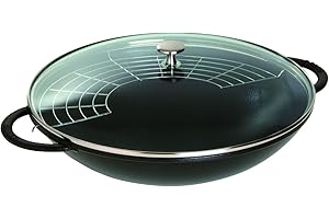 STAUB Wok in Ghisa, Include Coperchio in Vetro e Griglia Rimovibile, Adatto per Induzione, Ø 37 cm, 5,7 L, Nero