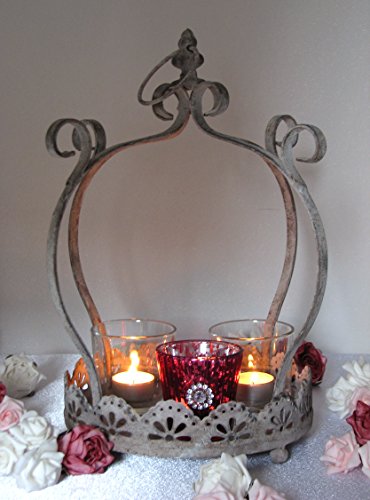 Teelichthalter, Gartenlaterne, Windlicht, Tablett "Krone", Metall im Antik-Look, mit 3 Teelichthaltern. Höhe 36 cm, zum Stellen & Hängen