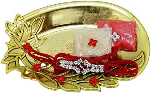 Floral Design Oval Shape Gold Tone Plated Indian Brother Rakhi Tilak Pooja Thali Set