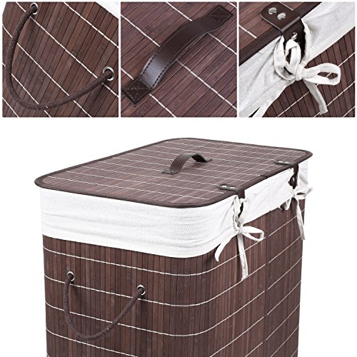 Femor Faltbar Wäschesammler Bambus Leinen 100L – 54x33x59.5 cm Wäschekorb Wäschebox Wäschetruhe mit Deckel&Wäschesack (Braun) - 2