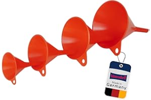 hünersdorff Trichter-Set 4-teilig, Rot | Robuste Einfülltrichter aus bruchsicherem HD-PE mit Entlüftungsrippen & Aufhängeöse – Chemikalienbeständig für Küche, Bad & DIY
