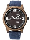 Alienwork Herren-Armbanduhr Quarz schwarz mit Canvas-Armband blau Kalender braun Holzuhr Natur-Holz