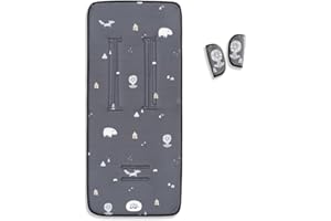 Interbaby Colchoneta Silla Paseo Universal para Verano | Transpirable y Cómoda | Funda Carro Bebe 100% Algodón, 84x34cm, Protectores para Arnés | Funda Silla Paseo Forest Gris