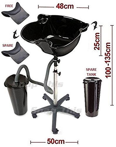 All-In-One Elite Mobile Hairdressers Portable Salon Tilting Black Backwash Basin Bowl Stand with Caster Wheels, 2 x Drainage Tanks (including Spare) and 2 x Large Gripper Gel Neck Rests (including Spare) - Hair Barber Salon Clinic Surgery Training