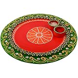 eCraftIndia Wooden Papier Mache Embossed Round Shape Pooja Thali