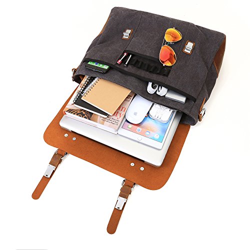 ECOSUSI Vintage Canvas Leder Aktentasche Umh  ngetasche Passt f  r Max 15 6  Laptop - Steckschnalle