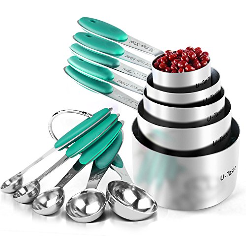 U-Taste Tasse Mesurer Cuillère Mesurer Lot de 10/5 Tasse + 5 Cuillère Cuillere Doseuse en Acier Inoxydable 18/8 Measuring Cups Set Mesureur Cuisine avce Poignées en Silicone Ustensiles de Cuisine Vert