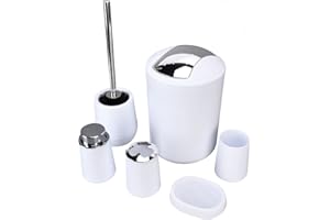 Natudeco 6pcs Bathroom Accessories Set Bath Toilet Brush Kit Soap Dispenser Waste Bin Toothbrush Holder Soap Tray Mouthwash Cup for Housewarming Gift(White)