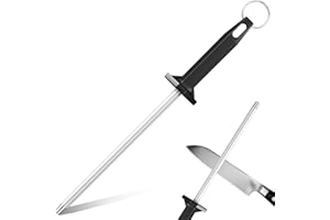 Maxentico Chaira Afilador Manual de Cuchillos, Afilar Profesional de 9 Pulgadas, Cuerpo Redonda de Acero al Carbono Cromado, con Mango Negro Ergonómico de Polipropileno para Hojas Muy Finas
