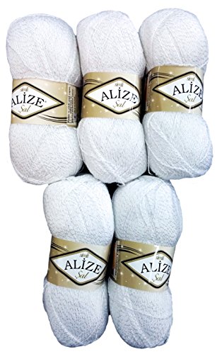 5 x 100 g Alize Glitzerwolle weiß Nr. 55-01 zum Stricken und Häkeln, 500 Gramm Metallic – Wolle