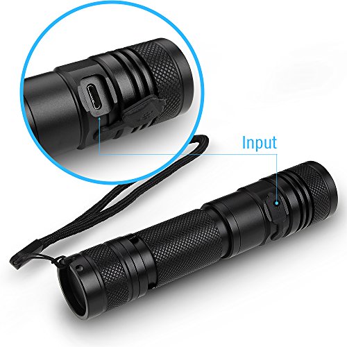 Joly Joy Taschenlampe mit 5 Modi, Zoombar, IP65 Wasserfest, USB Powered, Wiederaufladbar, Super Hell 600 Lumen CREE LED für Indoor und Outdoor (Campen, Wandern, Fahrradfahren und Notfälle) (1 x Battrien) - 2