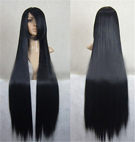 THZ Women's Extra Long Straight Oblique Bangs Black Color Anime Hair Wigs