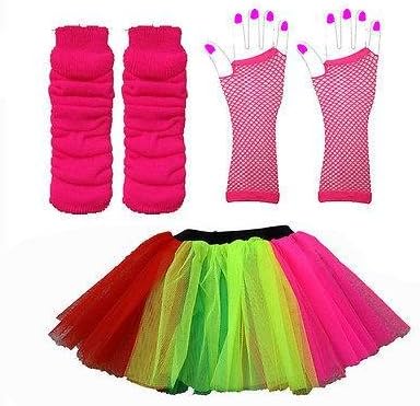 LADIES NEON TUTU SKIRT OUTFIT WITH LEGWARMERS AND FISHNET GLOVES - 2 SIZES 8-22 UK