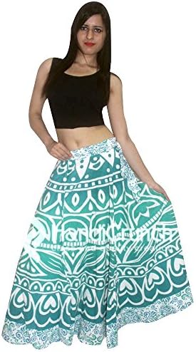 HANDMADE EXPORTS Women’s Bohemian Hippie Maxi Waist Long Skirts, Light Green Ombre Mandala Raprons