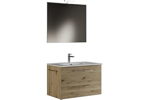MaMa Store 60-Mobile Bagno Sospeso 60 CM QUERCIA NATURALE con Lavabo, Specchio e Lampada LED, L.62 X P.47 X H.53 cm, Legno, 62 X P. 47