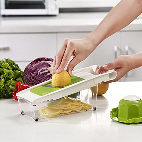 Mandoline Slicer Gemüsehobel Verstellbar, Reibe mit behälter 9 in 1 Gemüseschneider würfel 5 austauschbare Klingen + Gemüse & Früchte Peeler + Food Container + Sicherheit Food Holder + Butting Board - 3