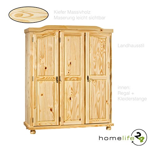 H24living Bauernschrank Massiv-Holz Bauernschrank Landhausstil Holzschrank 3-türig 5 Fächer 1 Kleiderstange (BxHxT) 150x180x56 cm in Natur