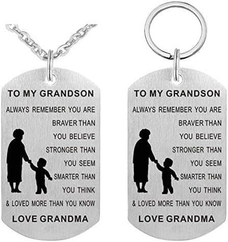 Pendant Necklace &amp; Keychain Set - Gifts for Son Daughter Grandson Granddaughter Friend Boys Girls, Jewelry Military Stainless Dog Tag Necklace (To My Grandson B)