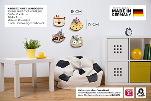 Wanddeko in 3D für das Kinderzimmer *** NEUHEIT ***- 4er-Set mit 3D-Effekt -Süße farbige Indianer Tierköpfe in TOP Qualität auf 10mm starken Platten – MADE IN GERMANY - 3