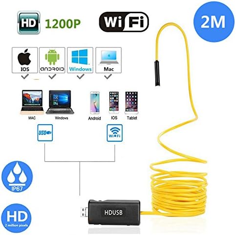 Wifi Endoscope,2 Megapixels HD 1200P Wifi USB Borescope, IP67 Waterproof with 6 Adjustable LED Lights, Semi-rigid Flexible Snake Camera for Android, IOS Smartphone, IPhone, Samsung, Tablet, PC