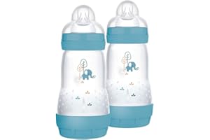 MAM Butelka dla niemowląt Easy Start, 2 butelki dla niemowląt, 2-4 miesiące, 260 ml ze strumieniem smoczka 2 na 2 miesiące, silikonowe SkinSoft, Bio-okrągłe, jasnoniebieskie