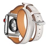 HappyTop Double Tour Band Ersatz für Apple Watch 1/2/3 Echt Leder Armband iWatch Bands Slim Design, Unisex, weiß, 42mm