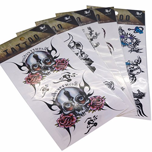 Cool Body Art Temporary Tattoos Removable Sticker, Skull Design, Pack of 5 Sheets