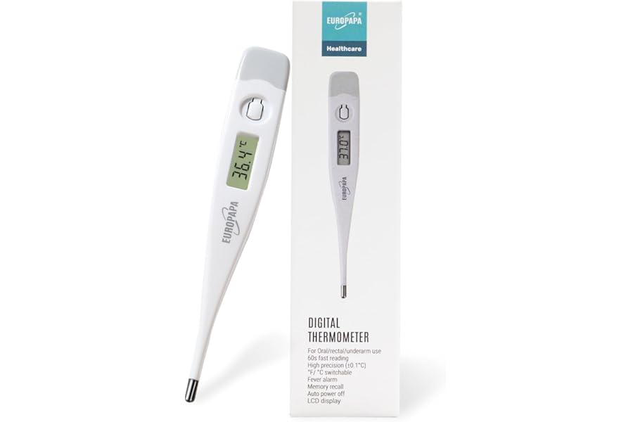 EUROPAPA Digital Fever Thermometer for Babies, Children and Adults, Mouth Thermometer, Underarm or Rectal, Waterproof with Fever Alarm (Grey)