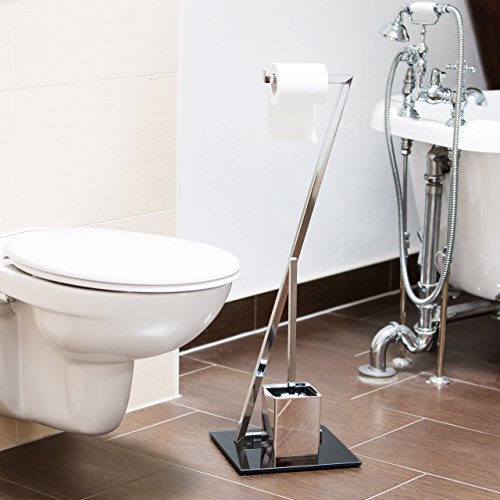Relaxdays WC Garnitur GLASS H x B x T: 77 x 25 x 25 cm Toilettenpapierhalter aus Glas und Metall in Edelstahl-Optik mit Klobürste als Klopapierhalter freistehend WC Bürstengarnitur, silber-schwarz - 2