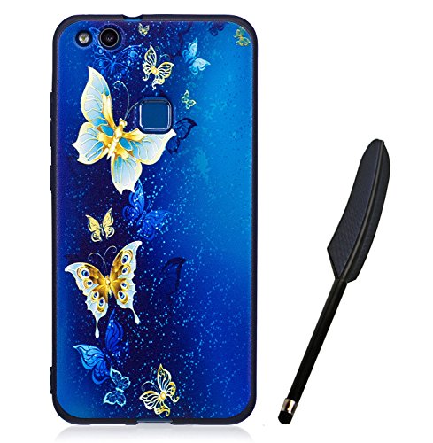 Huawei P10 Lite Hülle, Edaroo Bunt Malerei Ultra Slim Schwarz Flexible Silikon Gummi Handy Schutzhülle Schale Schutz Phone Case Cover Dauerhaft Stoßfest Bumper für Huawei P10 Lite - Blaue Schmetterlinge