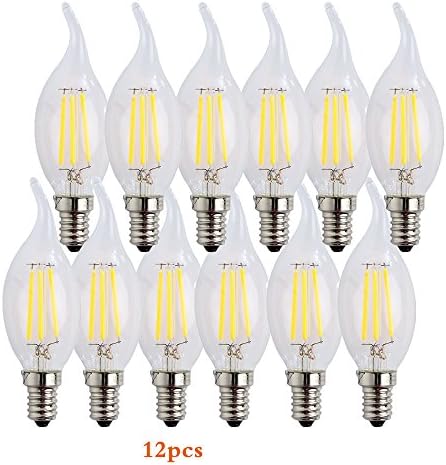 WULUN E14 LED Candle Filament Bulbs 4W, 40W Clear Candle Bulbs Equivalent , Cool White(6500K) Candelabra E14 SES Bulb, Non-Dimmable, 400Lm, LED Light Bulb, Flame shaped bulb E14,Small Edison Screw Candle Light Bulbs, 12-Pack