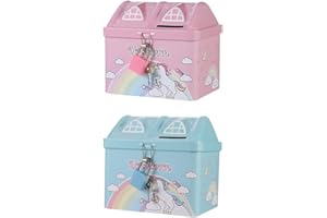 BESPORTBLE 2Pcs Unicorn Piggy Bank House Saving Pot Money Coin Bank Metal Coin Box with Lock for Kids Toddler Children Birthday Present, 11.5X10.5cm