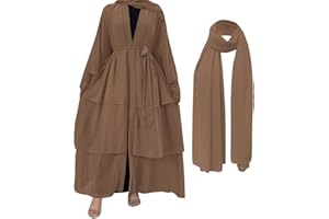 OBEEII Femme Dubaï Couleur unie Cardigan Musulman Brillant Simple Moderne Décontracté Robe Longue Musulmane Robe avec Hijab