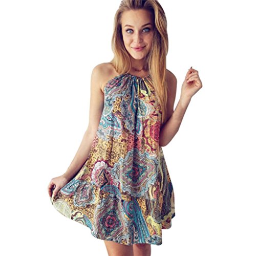 Keepwin Damen Midi kleid Elegant Ärmellos Sommer Böhmen Party Jahrgang Halter Tunika StrandKleid