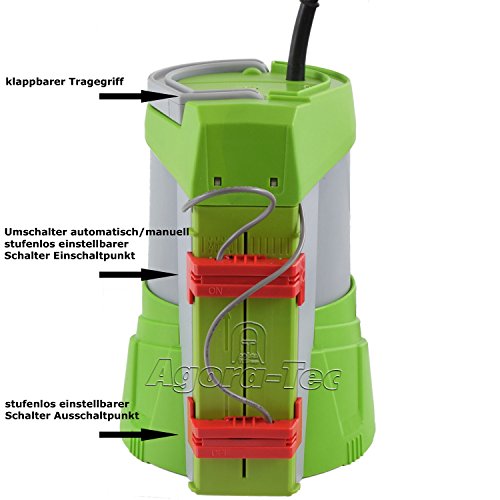 Agora-Tec® AT-Tauchpumpe clear water 250W-vario-control (flachsaugend auf 1 mm) stufenlos einstellbarer integrierten Schwimmerschalter) mit Rückschlagventil und max: 0,4 bar und max: 3000l/h - 4