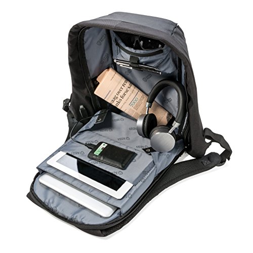 Anti Diebstahl Laptop Rucksack 14, 15,6 17 Zoll schwarz, allpremio DESIGN Swiss | stoßfest + schnittfest aus Polyester, komfortabel leicht mit versteckten Fächern und Taschen | integrierter USB-Port für Powerbank, Smartphone oder Notebook | elegant für Herren und Damen, modern für Studenten, Schüler und Kinder | als Tasche für die Arbeit oder zur SICHERHEIT in der Stadt, oder auf der Reise beim Citytrip | mit in der Dunkelheit reflektierende Applikation - 5