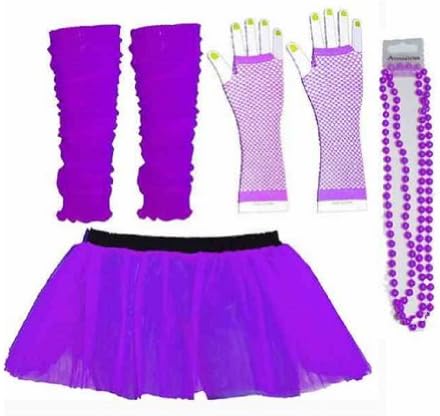 Four Piece Purple Tutu Set Adults Womens 8-14 UK Purple Tutu Legwarmers Fishnet Gloves Beads 80's Fancy Dress Costume (OneStopClothingCo)