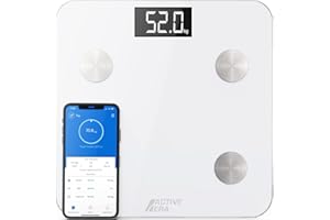 Active Era Precyzyjna Waga Łazienkowa Cyfrowa Analityczna Antypoślizgowa Elektroniczna Szklana, z Dużym Wyświetlaczem LCD, Aplikacją Mobilną Bluetooth, ze Szkła Hartowanego, do 180kg, 28x28cm, Biała