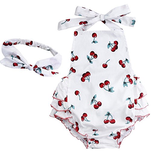 iiniim Baby Girls Princess Floral Cherry Print Ruffles Romper Summer Dress with Headband Bodysuit Set White Cherry 6 Months
