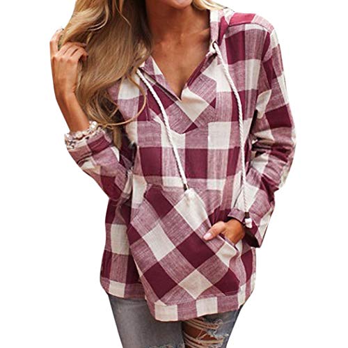 Preisvergleich Produktbild JUSTSELL New Arrivial Herbst Langarmshirts Damen,Frauen Tops Kariertes Hoodie Langarm Bluse Top V-Ausschnitt Bluse Taschen T Shirt Lose Hemdbluse Casual Sweatshirt
