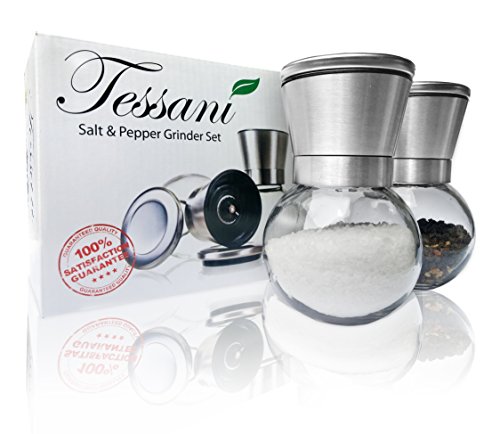 Elegante Salz & Pfeffermühlen Set – Edelstahl Gewürzmühle, runder Glaskörper, Einstellbares Keramik-Mahlwerk – Geeignet für Pfefferkörner, Meersalz, Himalaya-Salz, Gewürze & Gewürzmischungen – Tessani. - 7