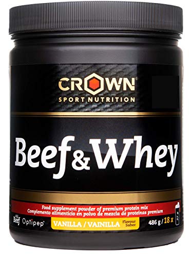 Crown Sport Nutrition Beef & Whey Proteína de Carne y Leche, Suplemento para Deportistas, Sabor de Vainilla - 486 gr