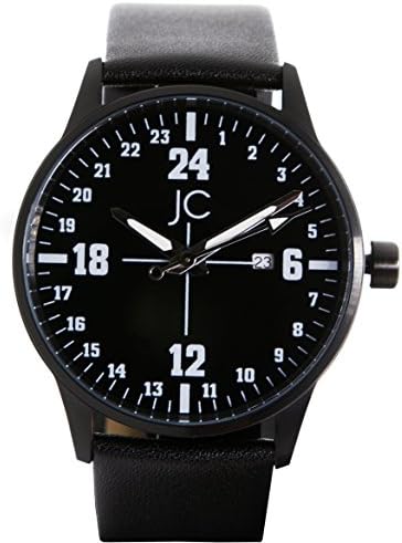 Jean Constantine 24 Hour Analogue Aviator Wristwatch, Swisss Ronda Movement, Pilot's Watch, Date Function, Mineral Glas, Genuine Leather Wrist Watch, 5 ATM Water-Resistance, Black / White