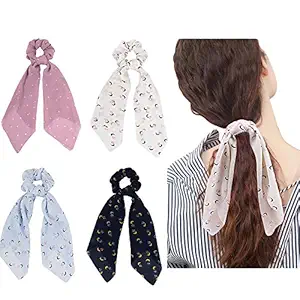 Chiffon Hair Scrunchies, Hair Scarf with Flower Pattern, Stripe Printed Hair Bobbles for Ponytail Holder (4 Pcs Chiffon scrunchies)
