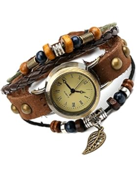 Samgoo Damen-Armbanduhren Mehrschichtige Braun Niet Hohl Leaves Anhänger Armband Freundschaft Uhr Punk Armreif...