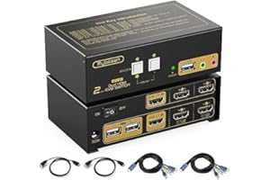 JANCANE KVM Switch 2 Monitores, HDMI KVM Switch 4K 30Hz Conmutador KVM 2 Ordenadores 2 Monitor y 3 Dispositivos USB por Ejemplo Ratón Teclado Impresora, Soporte Copia y Pantalla Extendida