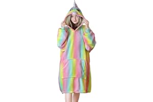 ‎QUEENSHIN Queenshin Hoodie Decke Regenbogen Einhorn Übergroßer Sweatshirts für Damen, Flauschig Fleece Ovrsized Decke mit Sherpa kuscheldecke mit Ärmeln, Einheitsgröße