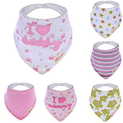 Hxhome Cotton Baby Bandana Drool Bibs with Adjustable Snaps - 6 Pack Baby Absorbent Soft Cotton Fleece Backing Drool Bib for Teething Toddlers Infants Babies Girls
