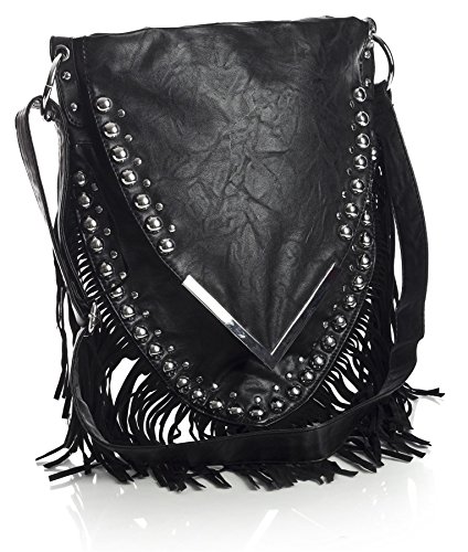 Big Handbag Shop Womens Silver Studs Fringe Messenger Cross Body Bag (Black)