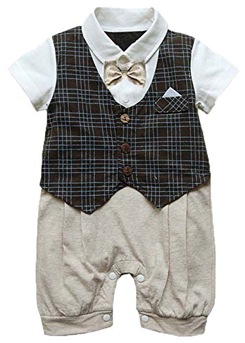 Infant Toddler Boy Baby Bowknot Gentleman Romper Jumpsuit Outfit Plaid Clothes